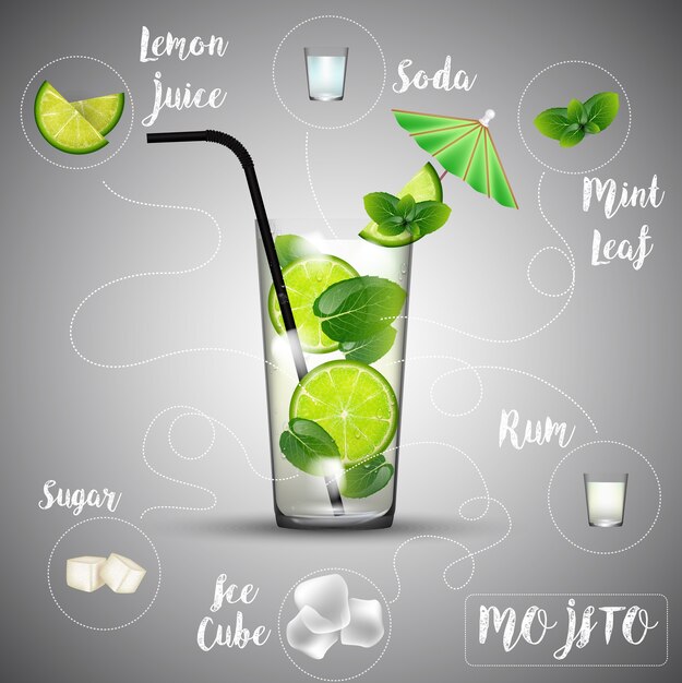 Vector soft cold fresh alcohol drink with ice and mint