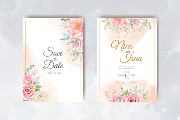 Soft Elegant Wedding Invitation Card Template With Watercolor Floral and Leaves