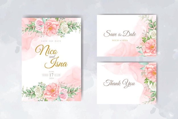 Soft Elegant Wedding Invitation Card Template With Watercolor Floral and Leaves