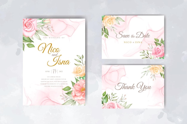 Soft Elegant Wedding Invitation Card Template With Watercolor Floral and Leaves