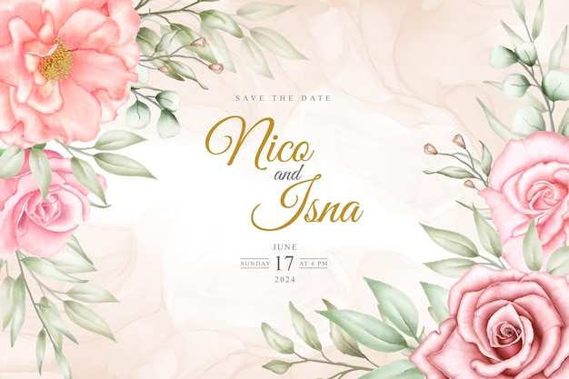 Soft Elegant Wedding Invitation Design With Watercolor Floral and Leaves