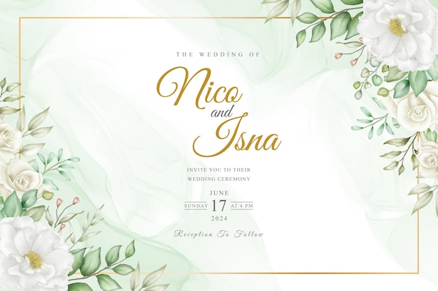 Soft Elegant Wedding Invitation Design With Watercolor Floral and Leaves