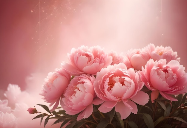 Soft focus photograph of pink peonies in full bloom against a rosy background radiating elegance and beauty