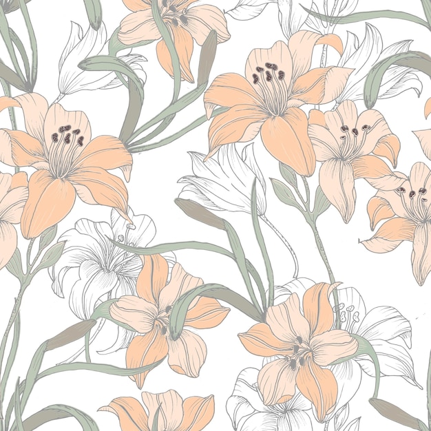 Soft Hand Drawn Lily Flower Seamless Pattern