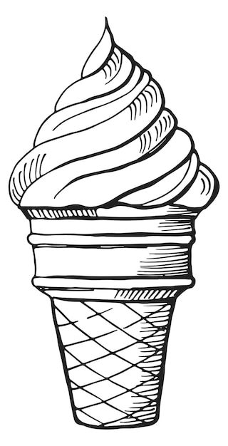 Soft ice cream sketch Waffle cone engraving isolated on white background