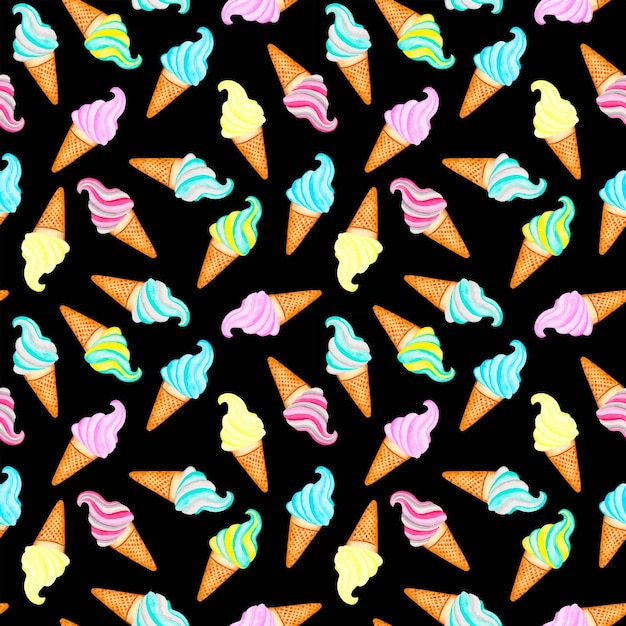 Soft ice cream in waffle cone watercolor seamless pattern abstract wallpaper on black background