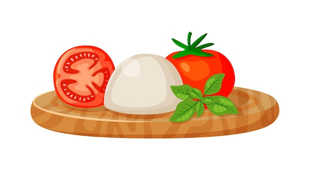 Vector soft mozzarella cheese with tomato on wooden cutting board