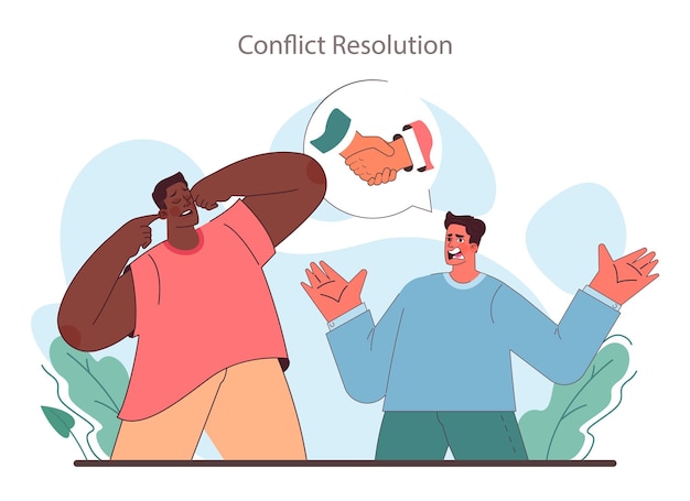 Soft skill Employee with conflict resolution skill Worker resolve a conflict find compromise on opposite opinions Selfdevelopment for career growth Flat vector illustration