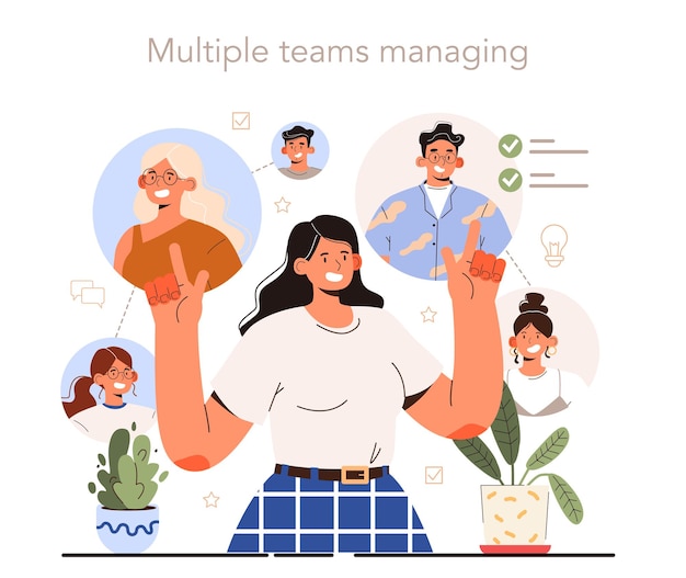 Soft skills concept. Business people or employee with multiple teams managing skill. Education, training and improvement for career building. Isolated flat vector illustration