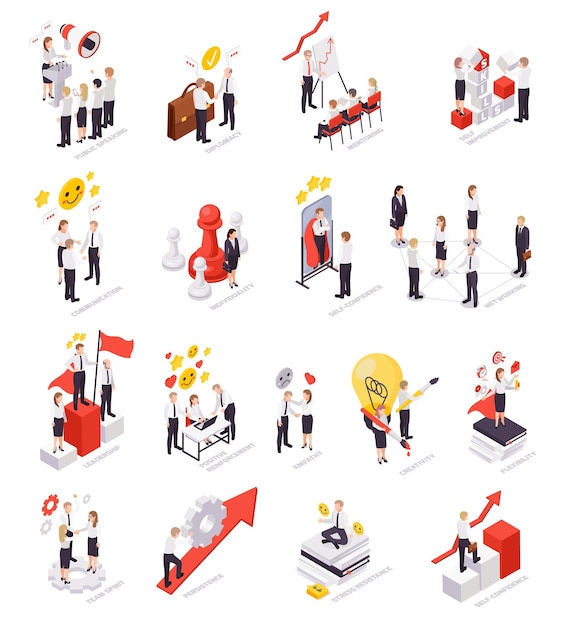 Soft skills concept isometric icons set with teamwork communication skills work under pressure creativity leadership vector illustration