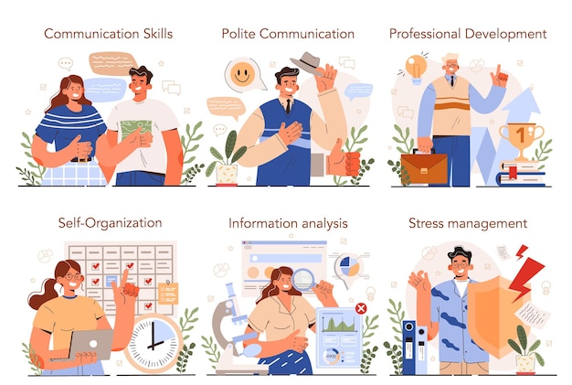 Soft skills set. Communication, professional development, self organization, information analysis and stress management. Business employees soft skills. Career success. Flat vector illustration