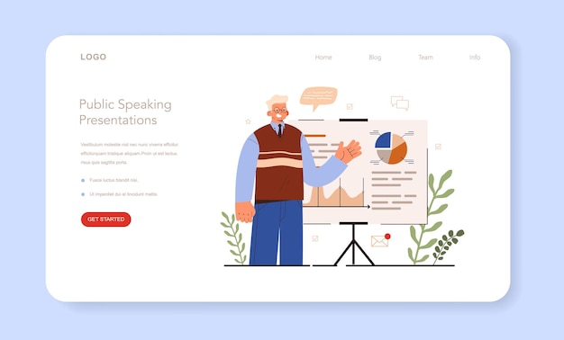 Soft skills web banner or landing page. Business people or employee with public speaking and presentation making skill. Education for career building. Isolated flat vector illustration