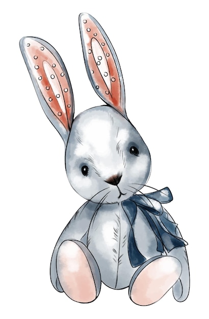 Soft toy hare. Watercolor Christmas vector drawing. For New Year and Christmas illustrations.