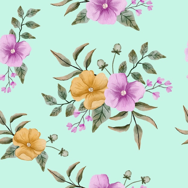 soft yellow purple floral watercolor seamless pattern