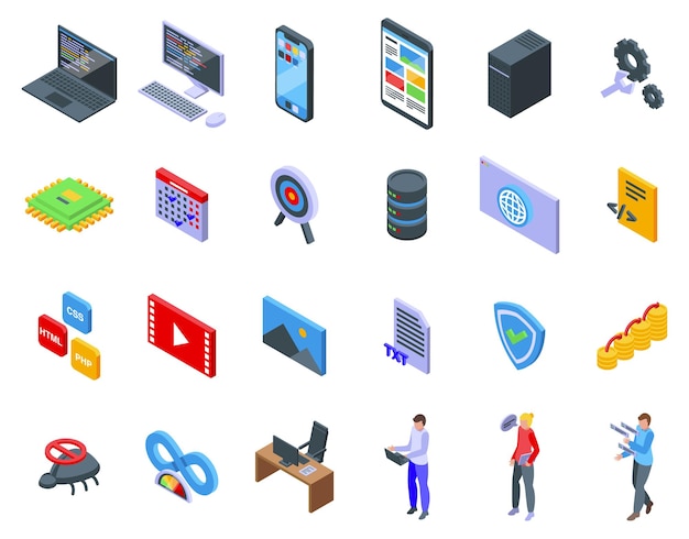 Software Developer icons set isometric vector Team website