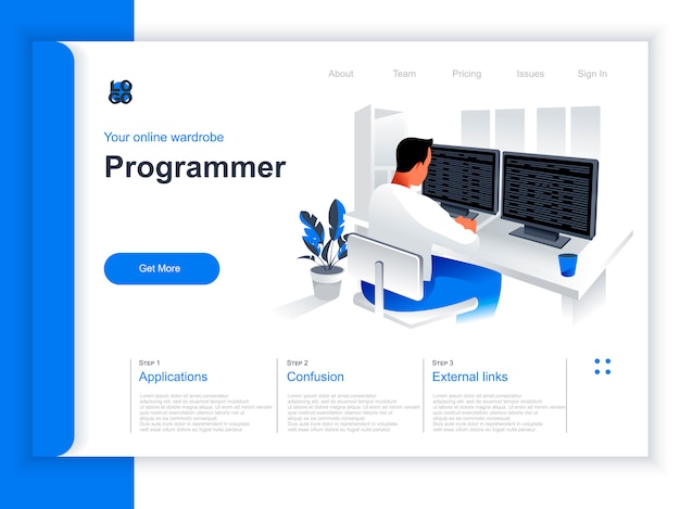 Software development isometric landing page. Programmer working with computer in office situation. Web application programming and testing, frontend and backend development perspective flat design.