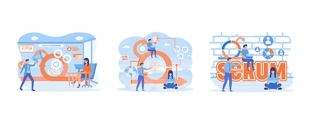 Vector software development methodology process diagram team discussing tasks at kanban board concept with keywords letters and icons set flat vector modern illustration