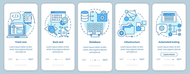 Software development onboarding mobile app page screen vector template. Application programming. Walkthrough website steps with linear illustrations. UX, UI, GUI smartphone interface concept