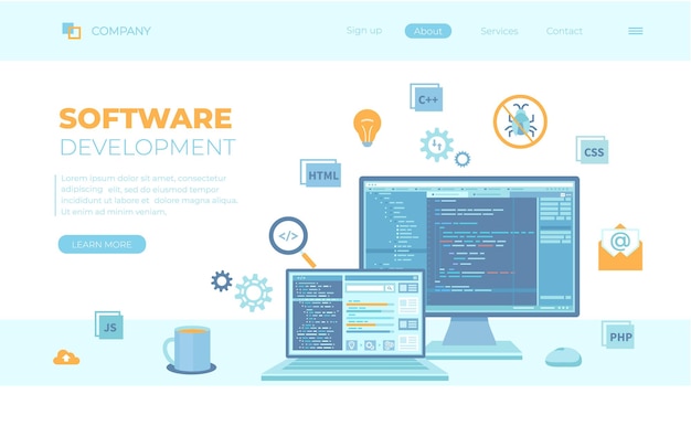 Software development programming engineering Program code on laptop and monitor screen Technolog