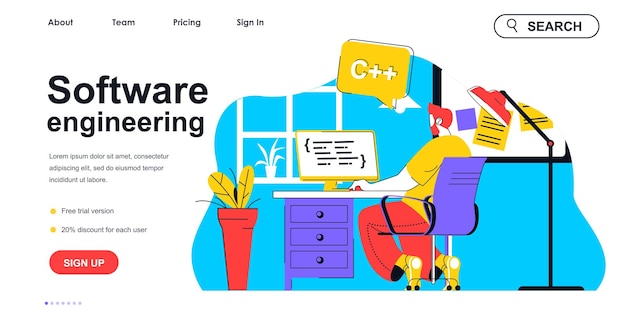 Software engineering concept for landing page template Programmer creates apps works at computer Development of programs people scene Vector illustration with flat character design for web banner