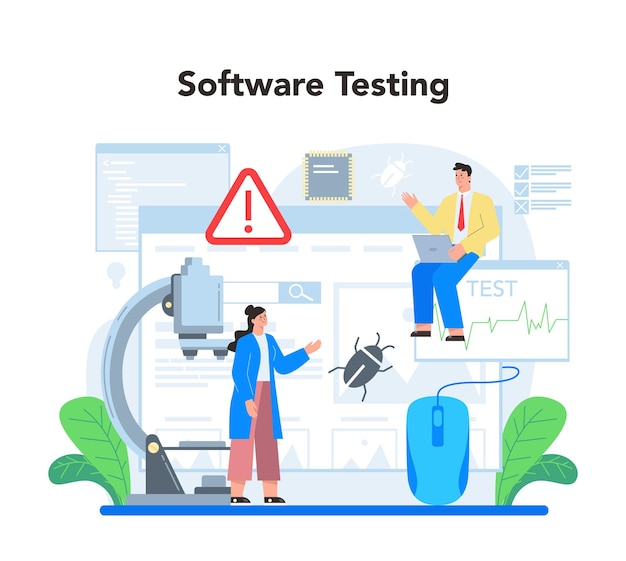 Vector software testing concept application or website code test process it specialist searching for bugs idea of computer technology digital analysis vector illustration in cartoon style