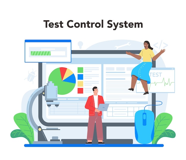 Software testing online service or platform Application or website code test process IT specialist searching for bugs Online test control Vector flat illustration