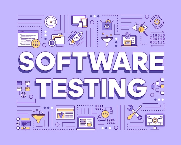 Vector software testing violet word concepts banner. examine computer program component. detect bugs. presentation, website. isolated lettering typography idea with linear icons. vector outline illustration