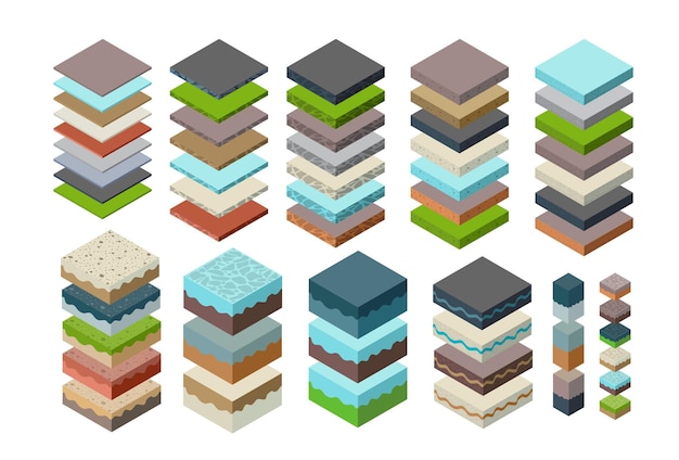 Soil Layers cross section set geological green grass and underground soil layers beneath nature landscape isometric slice of the land s extended organic, sand, clay layers of urban environment