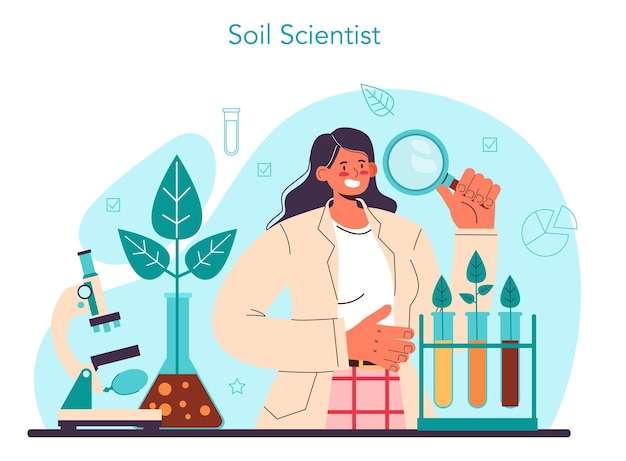 Soil science concept. Natural resource study, and chemical strucure analysis, soil laboratory test. Scientist measuring a pollution level, ecology care. Flat vector illustration