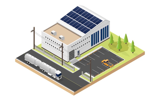 Solar cell energy, industry use solar cell roof top in isometric 