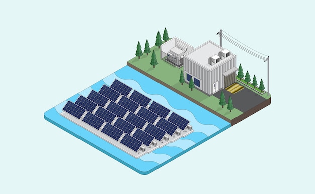 solar cell energy solar cell power plant solar floating farm isometric graphic