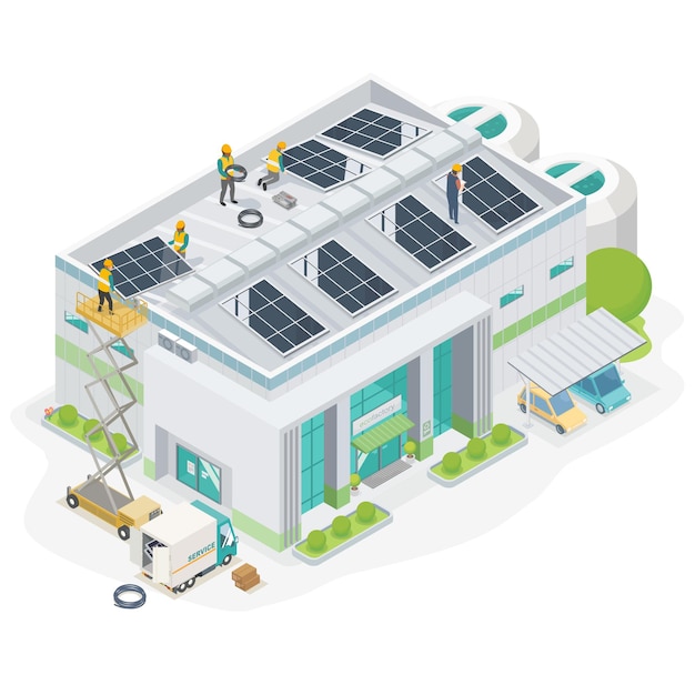 solar cell system for energy saving team service installer and factory industrial isometric top view