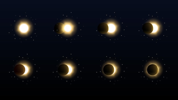 Vector solar eclipse in different phases cosmos with moon and sun realistic solar eclipse and stars vector