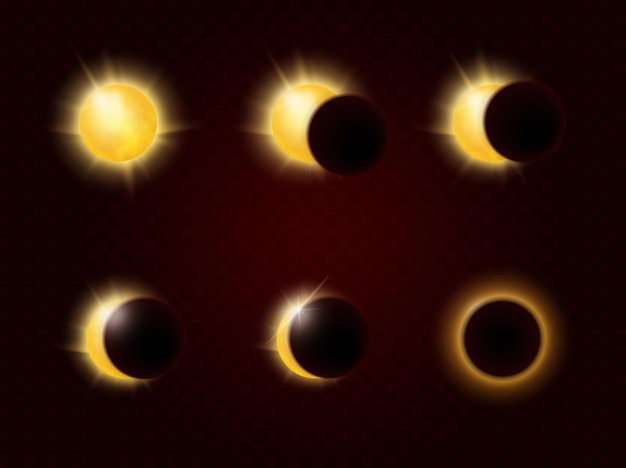 Solar eclipse in different phases full cycle realistic sun glow and sunshine ring