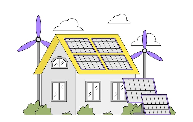 Vector solar energy building house with solar panels and windmill reducing emission of co2 waste into atmosphere care about ecology and environment sustainable lifestyle linear vector illustration