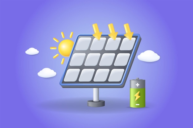 Solar energy concept 3D illustration Icon composition with solar panels collecting sun lights