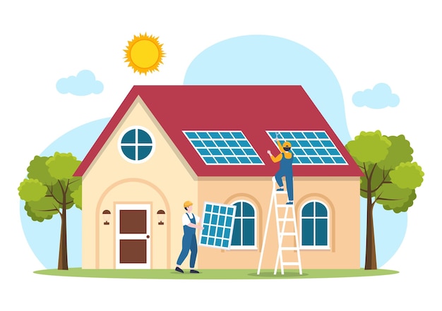 Solar Energy Installation Illustration with Home Service Team For Electricity Network Operation