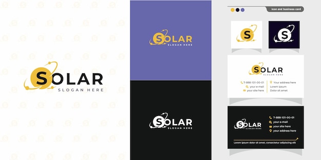 Solar logotype template with creative modern concept logo and business card design premium Abstract sun icon with orbits planets in round Vector illustration