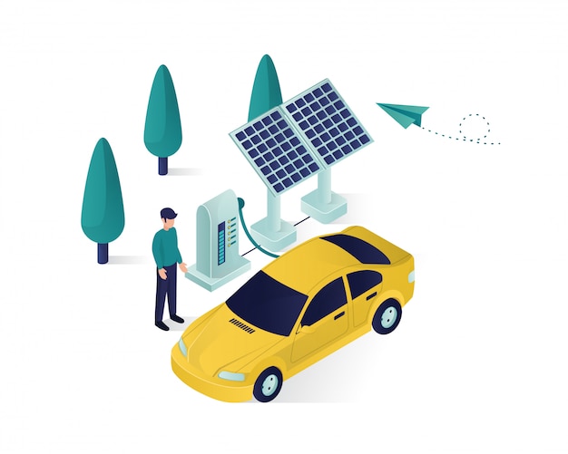 Solar panel energy is charging a car power isometric illustration