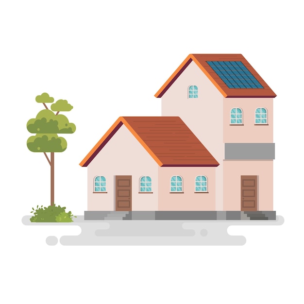 Solar Panel House Building Flat Design Minimalist Illustration