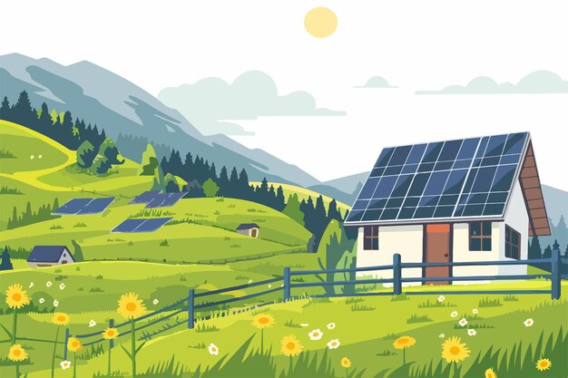 Vector solar panel on rural landscape single clipart