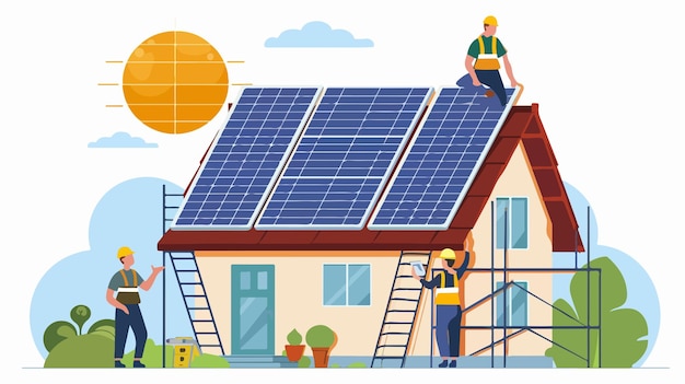 Vector solar panels installation vector illustration