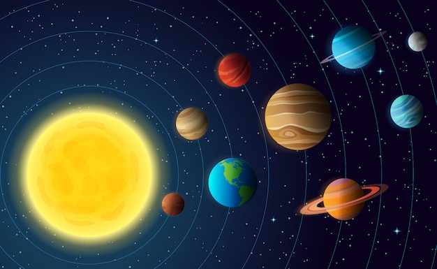 Solar system model with colorful planets at orbit and stars on sky