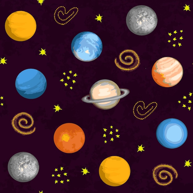 Solar system planets pattern on dark background Digital tracing illustration