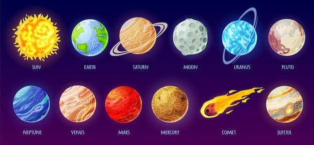 Solar system star comet sun earth moon mercury vector set