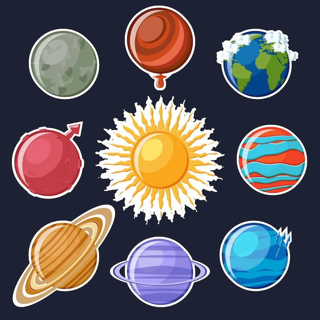 Solar system sticker set. Cute cartoon planets