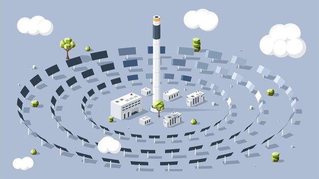 Vector solar thermal energy low poly model factory and plant with solar panels alternative energy sources