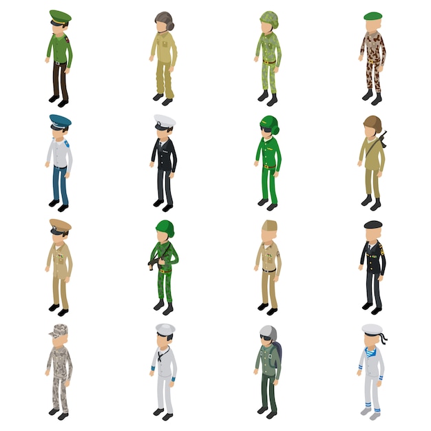 Soldier character icons set. Isometric illustration of 16 soldier character vector icons for web