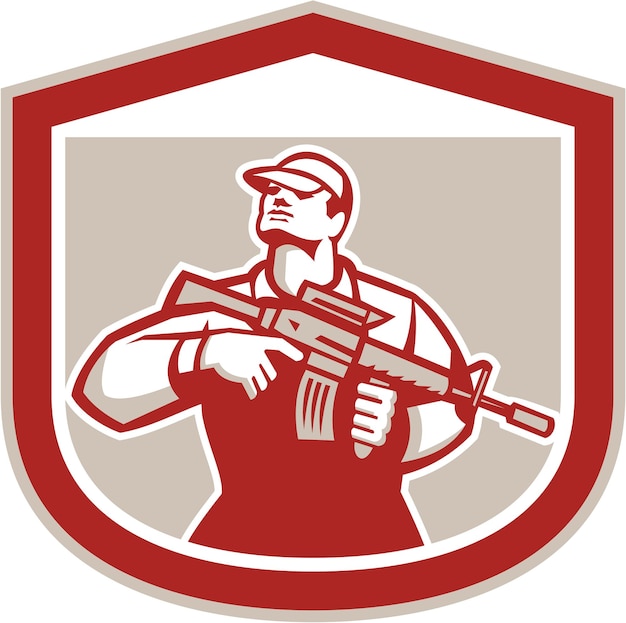 Soldier Military Serviceman Holding Assault Rifle Crest Retro