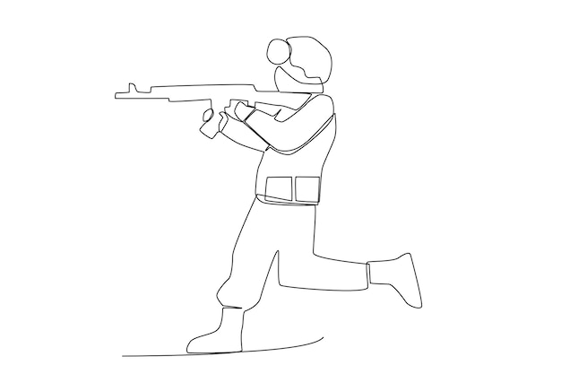 A soldier running while aiming a target with a gun line art